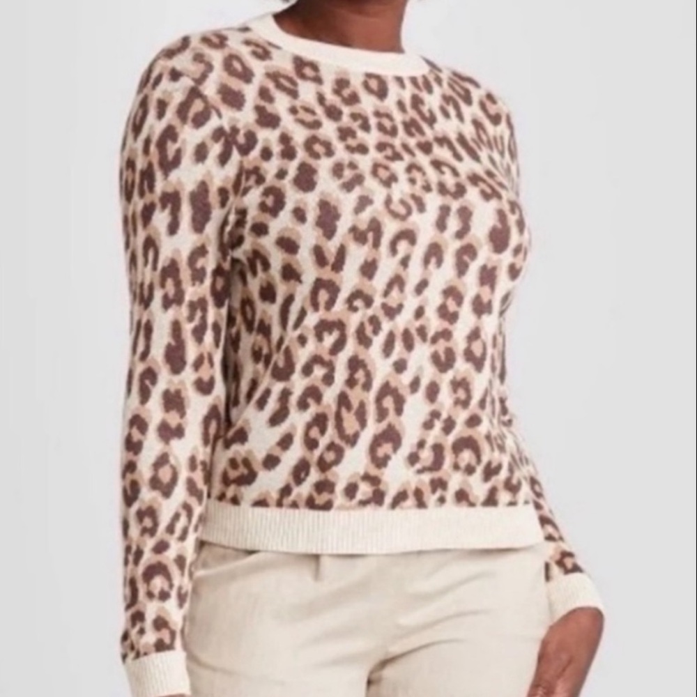 NWT A New Day Camel & Brown Leopard Print Crew Neck Sweater